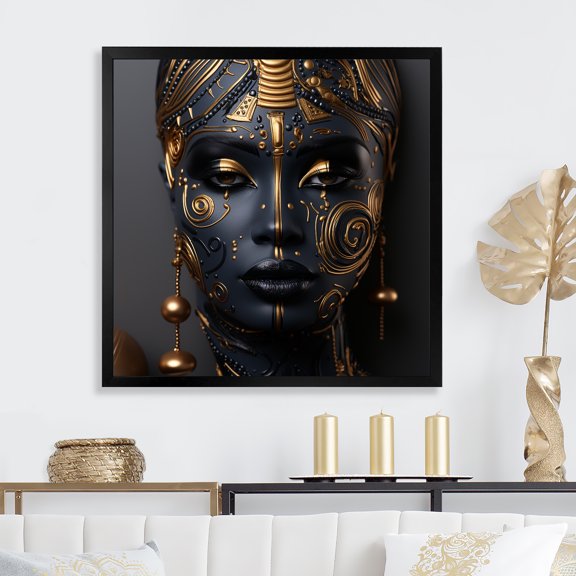 Designart "Expressive Tribes African Woman in Black and Gold II" Fashion Framed Wall Art Decor - Glam Black Woman Living Room Framed Canvas Art
