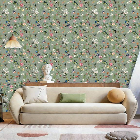 CHDITB Green Wallpaper Bird Peel and Stick Nature Flowers Wall Decal for Living Room Bedroom Office 17.3in x 9.8ft