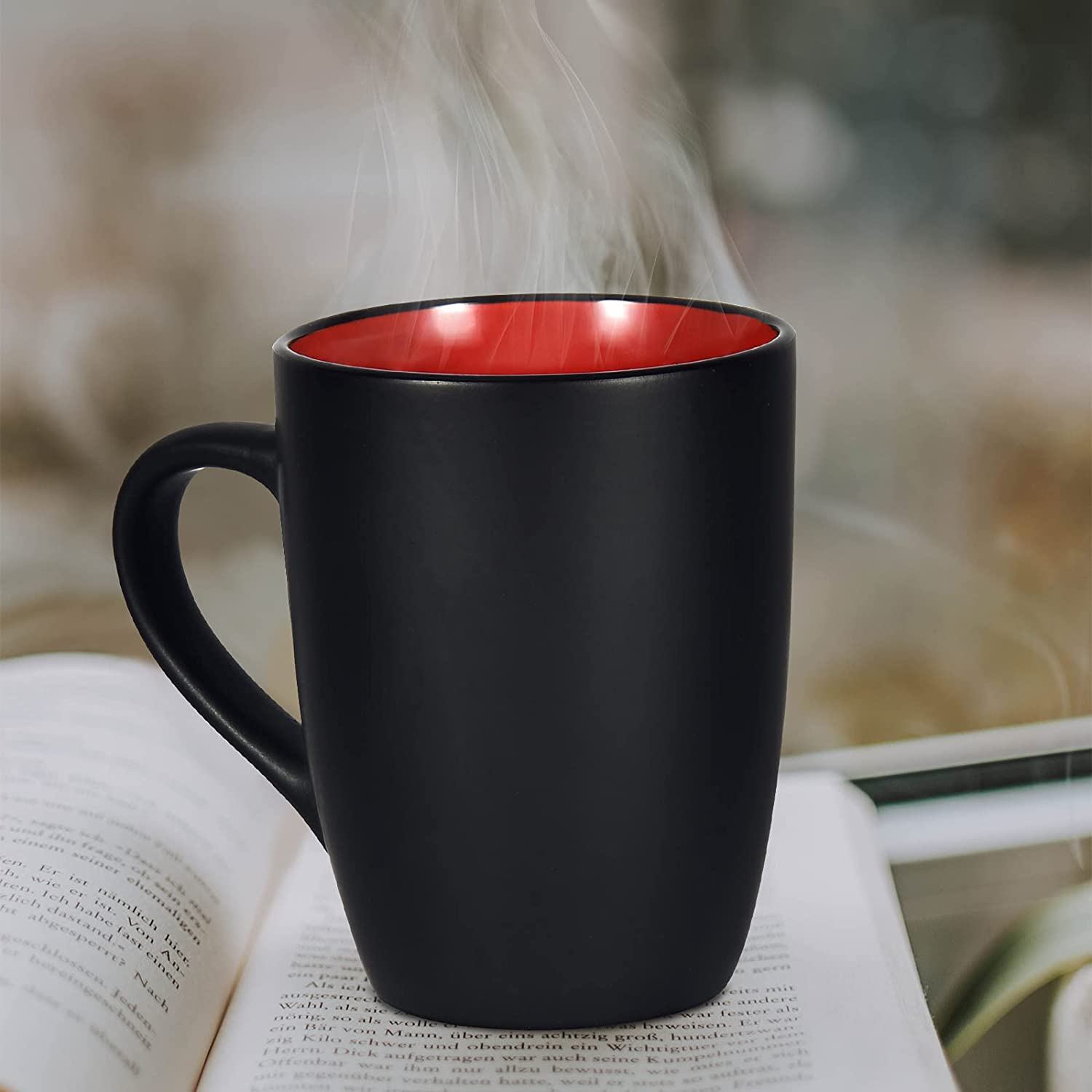 Modwnfy 16 fl oz Red Coffee Mugs Ceramic Coffee Mug Tea Cups, Black Exterior Red Color Interior Ceramic Coffee Mugs, Large Ceramic Coffee Cup for Coffee, Tea, Cocoa, Cereal, Office and Home - image 4 of 10