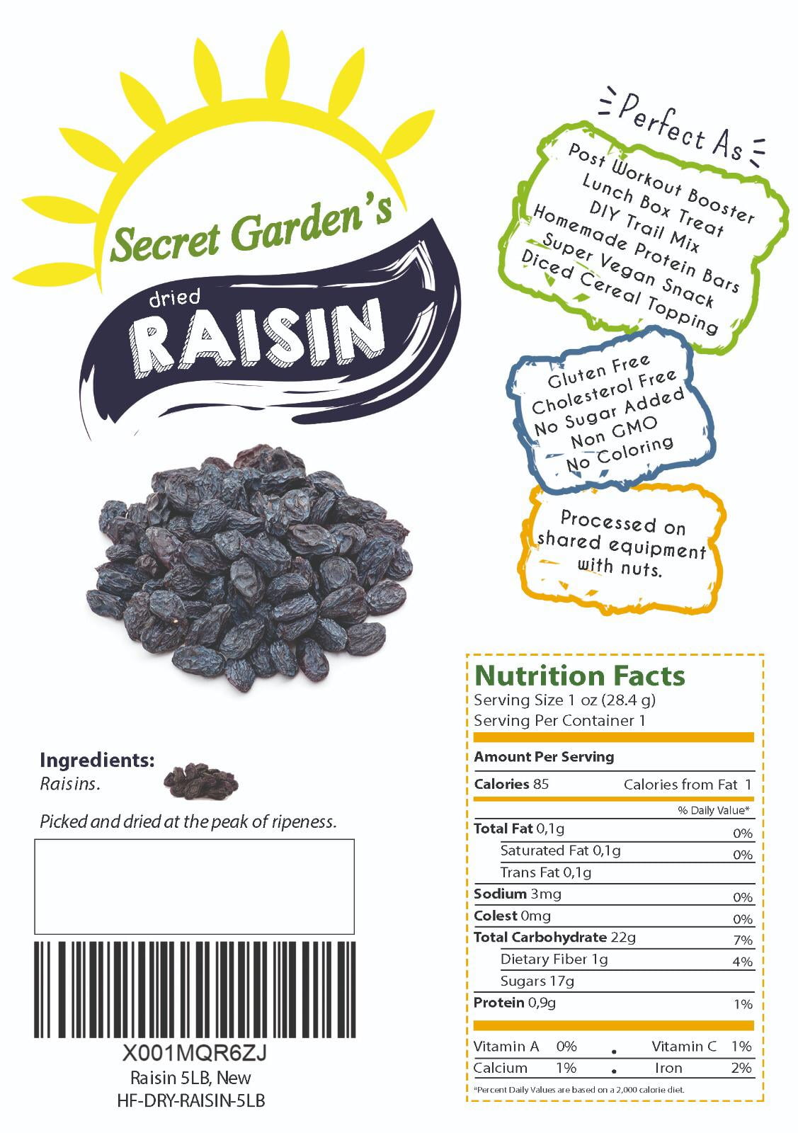 High Quality Black Dried Fresh Raisins Seedless, Ready to Eat Resealable Bag, Secret Garden's