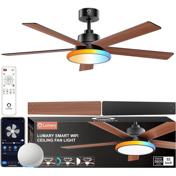 Lumary 52 Inch Smart Ceiling Fan with RGBAI Lights Remote Low Profile Ceiling Fan App Voice Control Dimmable & Color Tuning Modern Flush Mount