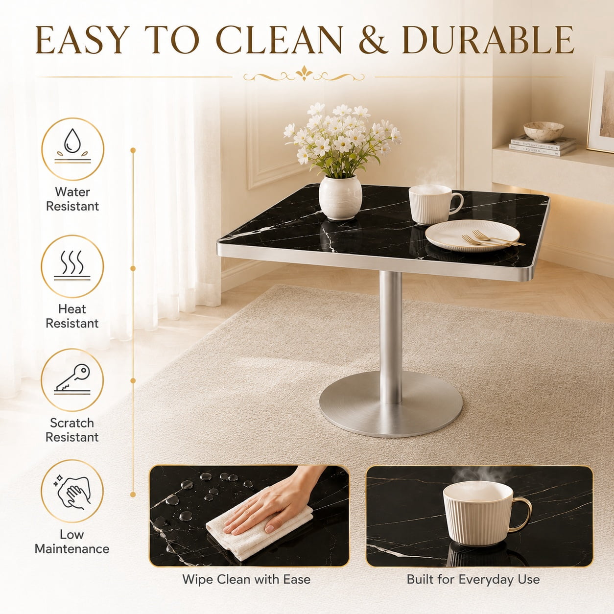 Aukfa 31.5" Square Dining Table for 2-4, Marble-Look Sintered Stone Top, Silver Pedestal Base, Small Spaces,Obsidian Black