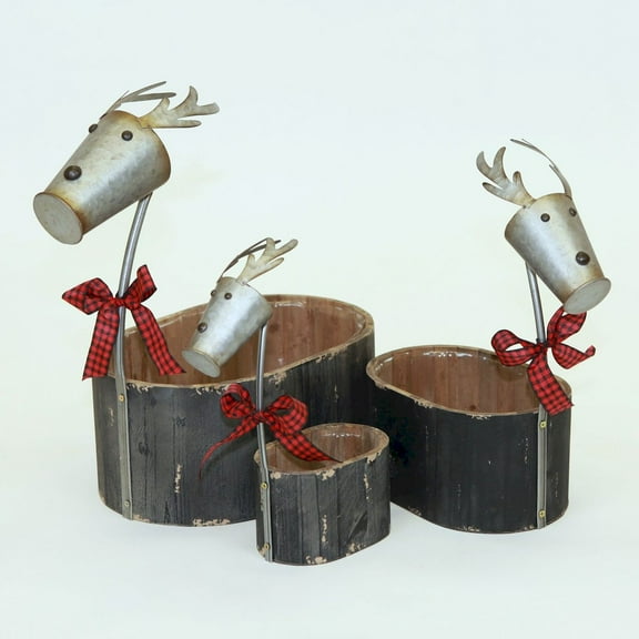 Set Of 3 Metal Reindeer Heads With Red And Black Plaid Bow And Bucket Body Decorations