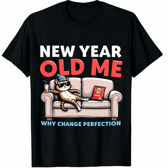 New Year Old Me Why Change Perfection Funny Humor Cat Graphic Tee T-Shirt for Men Women