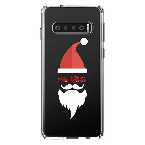 DistinctInk Clear Shockproof Hybrid Case for Samsung Galaxy S10 (6.1" Screen) - TPU Bumper Acrylic Back Tempered Glass Screen Protector - Santa Hat Merry Christmas