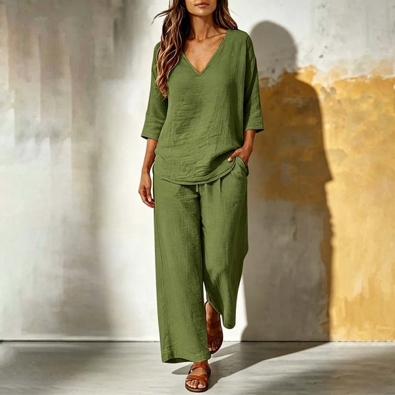 Ynynloco Cotton Linen Two Piece Sets for Women Summer Fall Outfits Lounge Sets V Neck Tops Wide Leg Pants Woman Vacation Travel Outfits