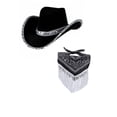 thumbnail image 4 of Sombrero vaquero con lentejuelas negras y rosas, sombrero occidental de ala grande, sombrero de fiesta, sombrero de lentejuelas con estrella de cinco puntas no tejido, conjunto de 2 piezas, 4 of 5