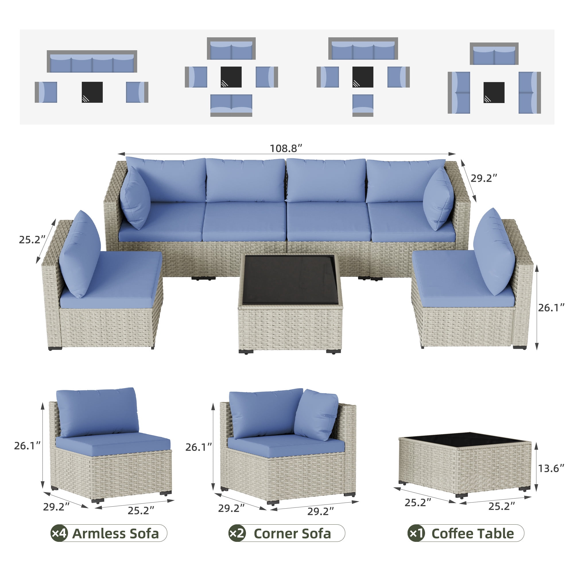 MRUAKA Outdoor Patio Furniture Set, 7-Piece Modular Sectional Sofa With Tea Table and Free Cushion, PE Wicker Outdoor Conversation Set for Patio, Garden, Backyard,Haze Blue
