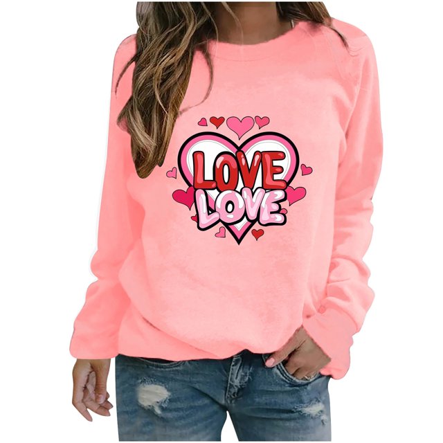 Amzcrzy Hauts pour Femmes Décontractés Col Rond Printemps Été Hauts Mode Imprimé Cœur d'Amour Saint-Valentin Chemises pour Femmes Classique Polyvalent Manches Longues Tee-Shirt Valentines