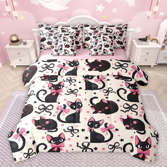 jejeloiu Cute Bowtie Ribbon 7-Piece Twin Bedding Sets,Kawaii Kitten Pattern Bedding Comforter Set,Black Pink Sheet Sets For Teens,Beathable Home Decor Reversible