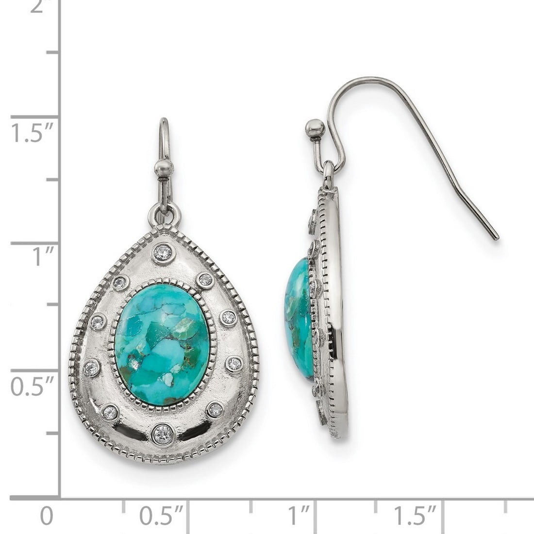 Stainless Steel Polished Simulated Turquoise and Cubic Zirconia Shepherd Hook Earrings 19 Stud Earring for Women