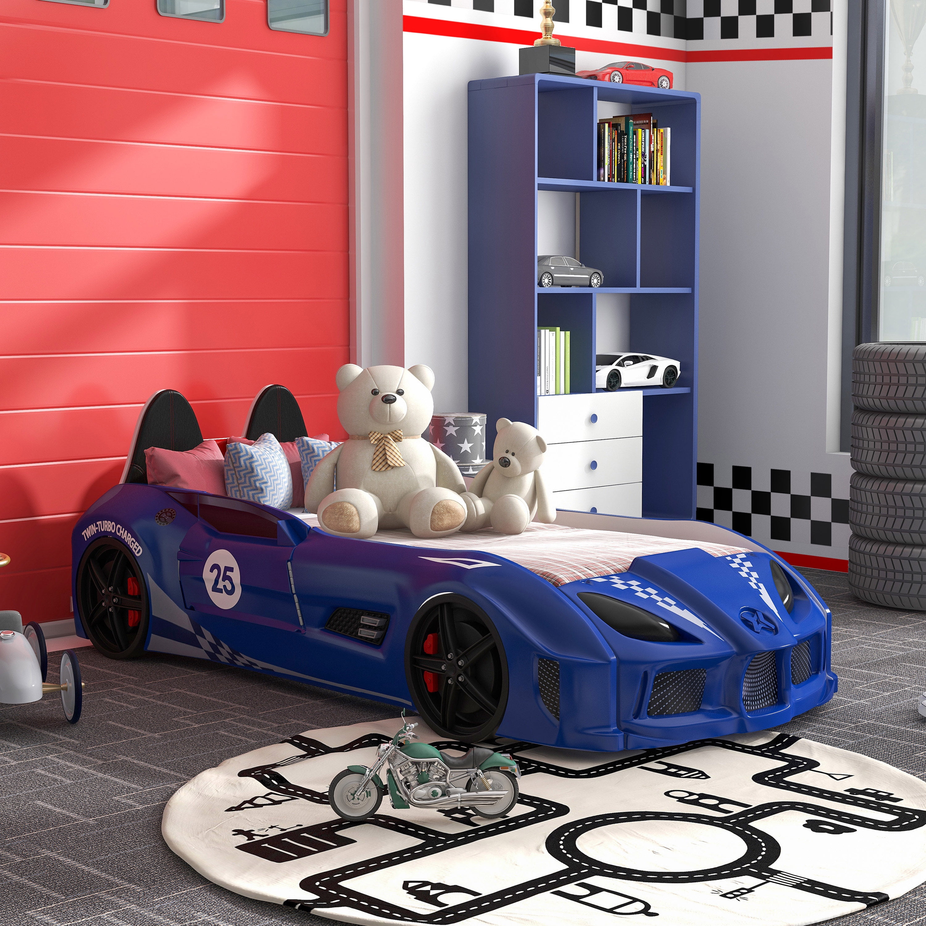 Furniture of America Dash Kids Plastic Twin Race Car Bed with LED and Sound, Blue