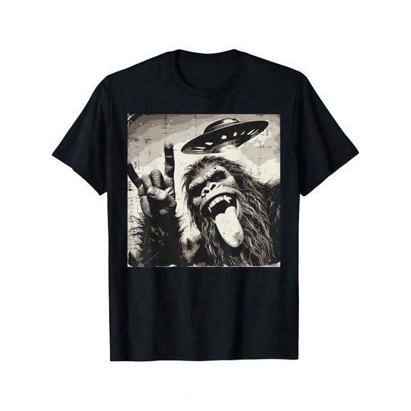 1 Pc Men's Clothing Bigfoot UFO Printed Black Tshirt, Graphic Tee, Summer Tops, Shirt, Unisex Casual Crew Neck Tshirt, Plus Size Men's 5XL,