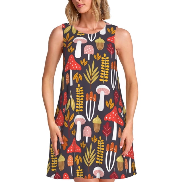 Bixox Robe Sans Manches à Imprimé Champignons et Feuilles pour Femmes avec Poches, Robe Décontractée Longueur Genou pour l'Été-3TG