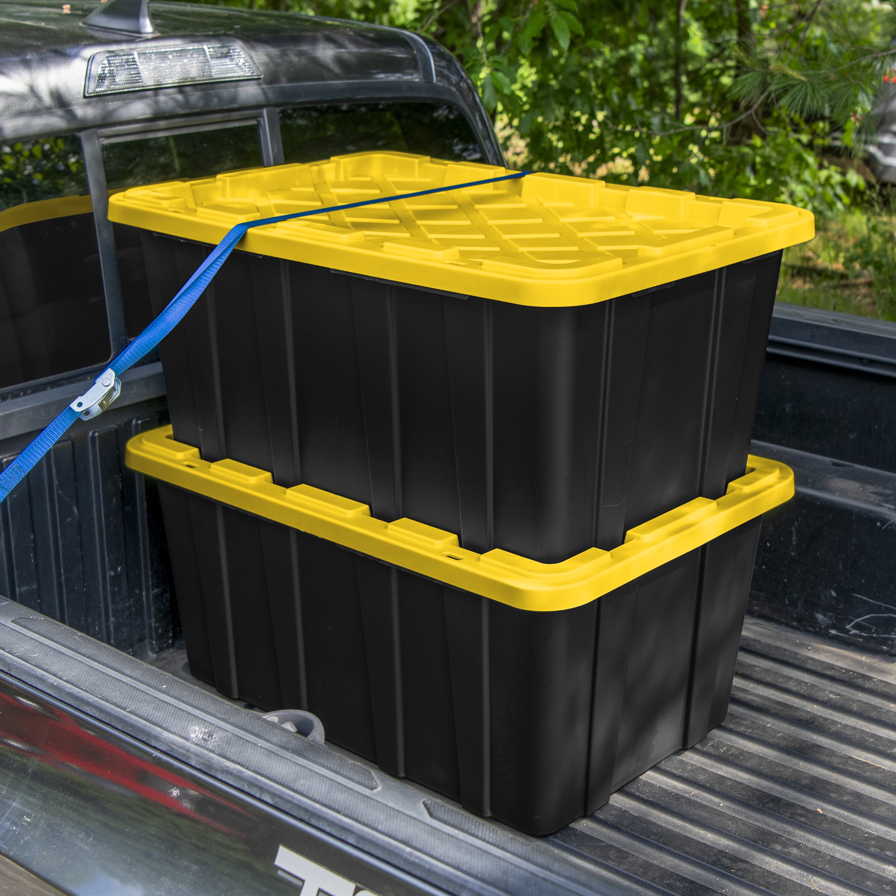 Sterilite 38 Gallon Industrial Tote, Rugged Plastic Storage Bin, Snap-on Lid, Yellow/Black, 4 pack