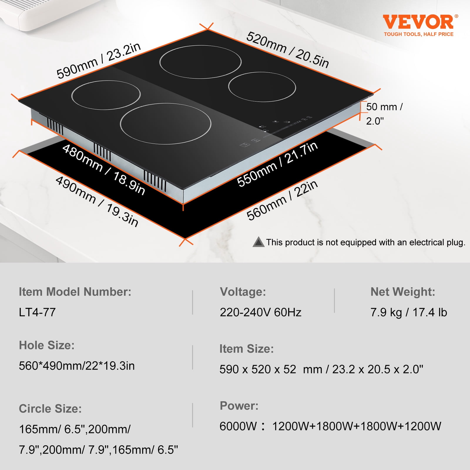 VEVOR Built in Electric Stove Top, 23.2 x 20.5 inch 4 Burners, 220-240V 60Hz Glass Radiant Cooktop with Sensor Touch Control, Timer & Child Lock Included, 9 Power Levels