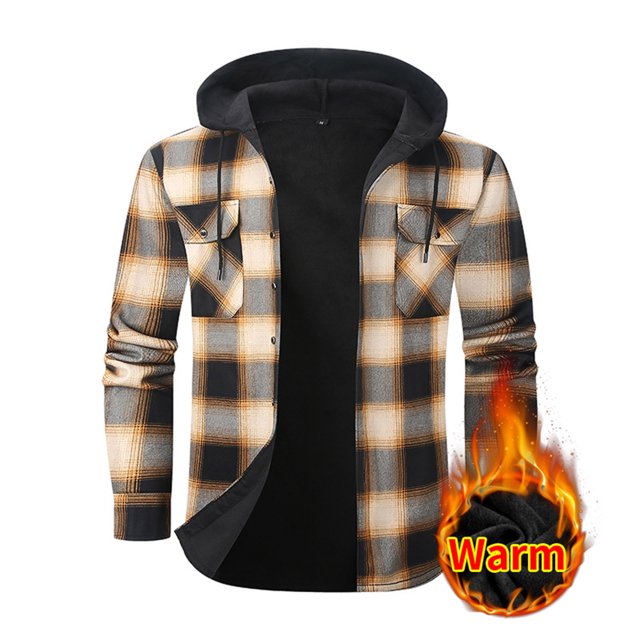 Ceisia Men's Fleece Lined Checked Hooded Shirt Jacket Double Pockets Button Warm Gift Cardigan