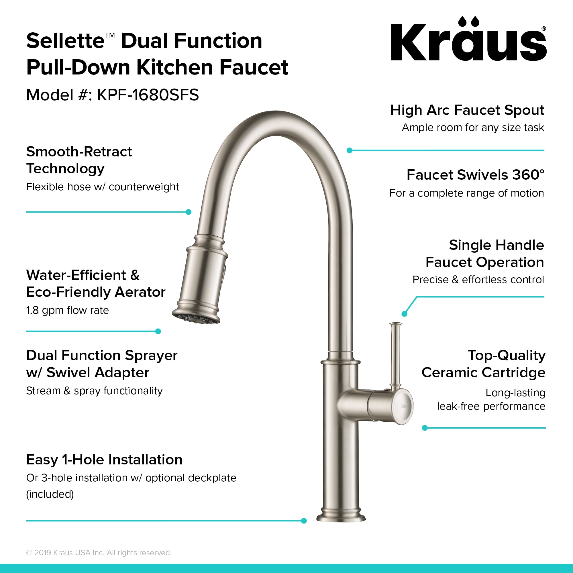 KRAUS Sellette™ Single Handle Pull Down Kitchen Faucet with Deck Plate and Soap Dispenser in all-Brite™ Spot Free Stainless Steel Finish