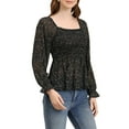 thumbnail image 1 of Blusa de mujer Allegra K con hombros al descubierto, mangas largas de campana, estampado floral, con fruncido, talla L, negro y verde, 1 of 6