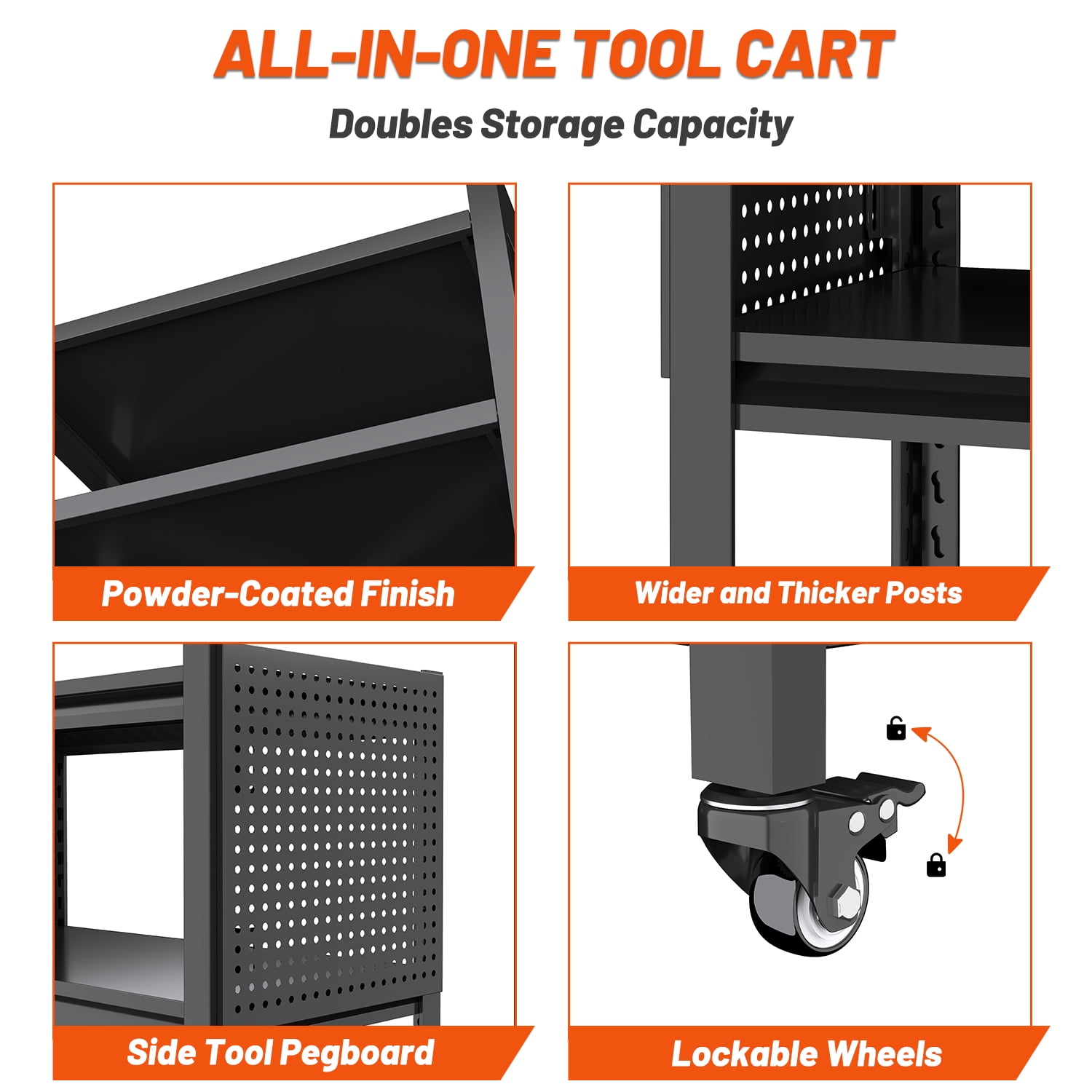 3 Tier Tool Cart on Wheels, Heavy Duty Metal Service Cart with Pegboards, 660 LBS Load Capacity Tool Utility Cart, Industrial Utility for Garage, Warehouse, Workshop