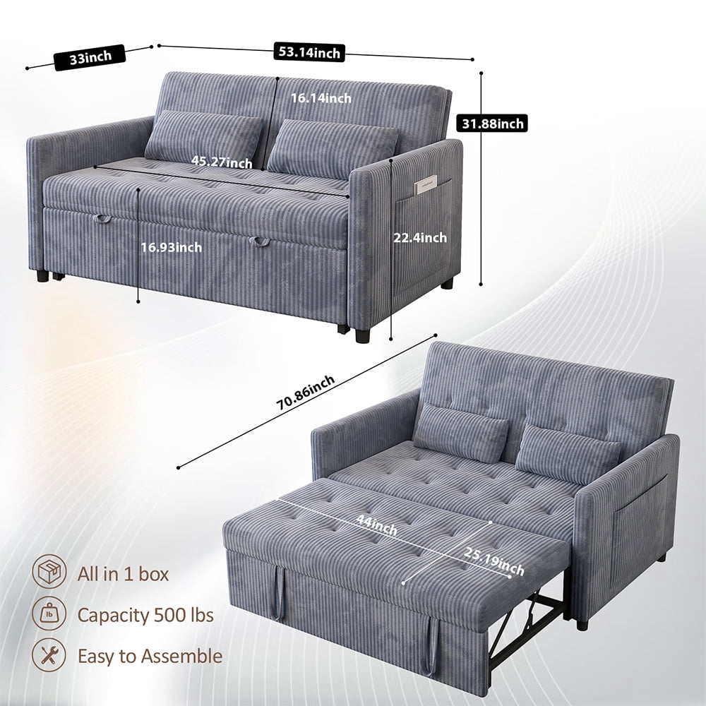 53" Corduroy 3-in-1 Convertible Loveseat Sofa Bed with Pull-Out Sleeper, Adjustable Backrest, USB & Type-C Ports, Storage Pockets, Small Space 2-Seater Couch for Living Room, Bedroom, Apartment, Gray