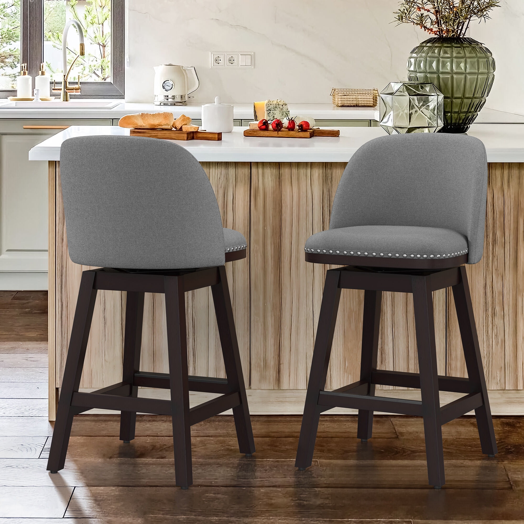 CHITA Counter Height Swivel Barstools Set Of 2 - Upholstered Fabric, 26" Seat Height, Pebble Grey
