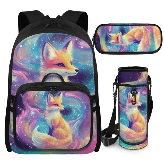 Bulopur Galaxy Print Kids Backpack Set 4 Pcs Orange Fox Kids School Bag with Lunch Box, Pencil Case and Water Bottle Cover for Fox Lovers Outdoor Adventure Kids