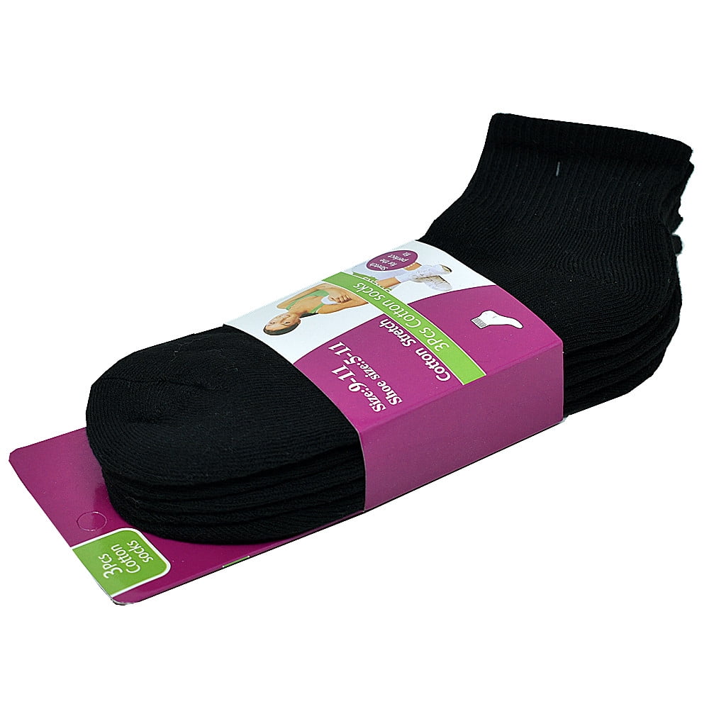 12 Pairs Women's Cotton Solid Black Athletic Cushioned Ankle Quarter Socks Size 9-11