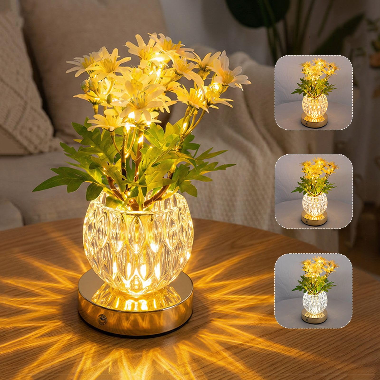 Zhangyh Tulip Table Lamp, 3 Color Dimmable Touch Crystal Vase Bedside Light, Rechargeable Cordless Artificial Tulips Flowers Desk Lamp Decor for Date Party Home, Romantic Gift for Woman Mom