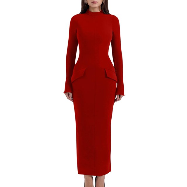 Vestido ajustado YMDUCH de manga larga con cuello de tortuga simulado, rojo