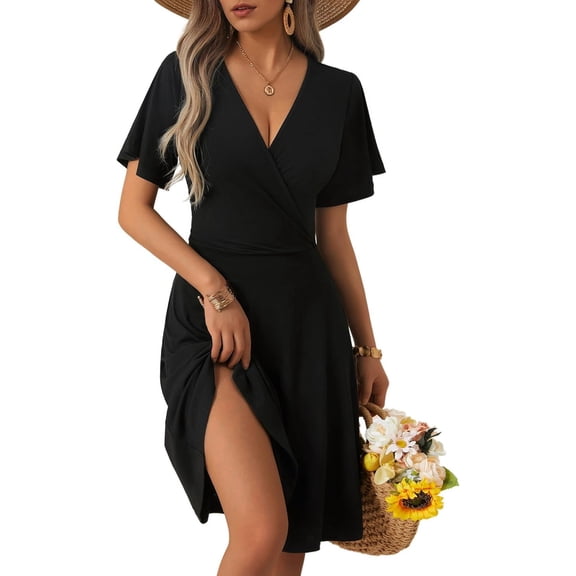 Womens Sundress 2025 New Summer Floral Short Sleeve Wrap V Neck A-Line Midi Dress