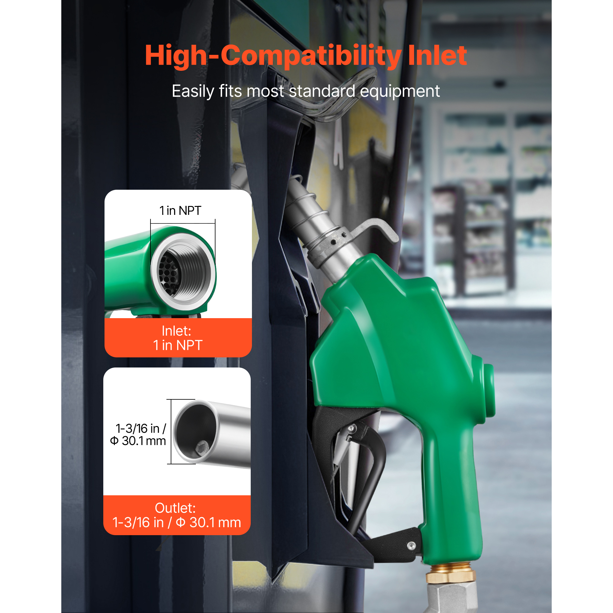 KFFKFF 1-Inch NPT Automatic Fuel Nozzle with Auto Shut-Off, 21.6 GPM Max Flow Rate, 3-Speed Trigger Lock, and 1-3/16 Inch Spout for Gasoline, Diesel, and Kerosene, Green