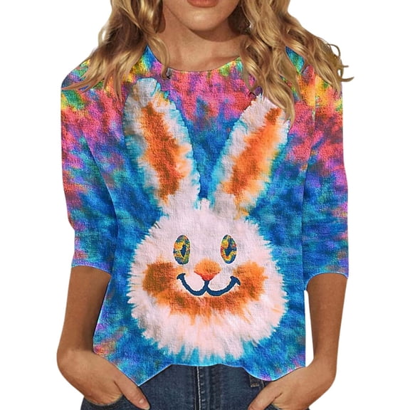 CAIXIA Easter Shirts for Women 3/4 Length Sleeve Rabbit Graphic Colored Eggs Print Tee Crew Neck Women T Shirts Fitted Easter Gifts Womens Holiday Tops