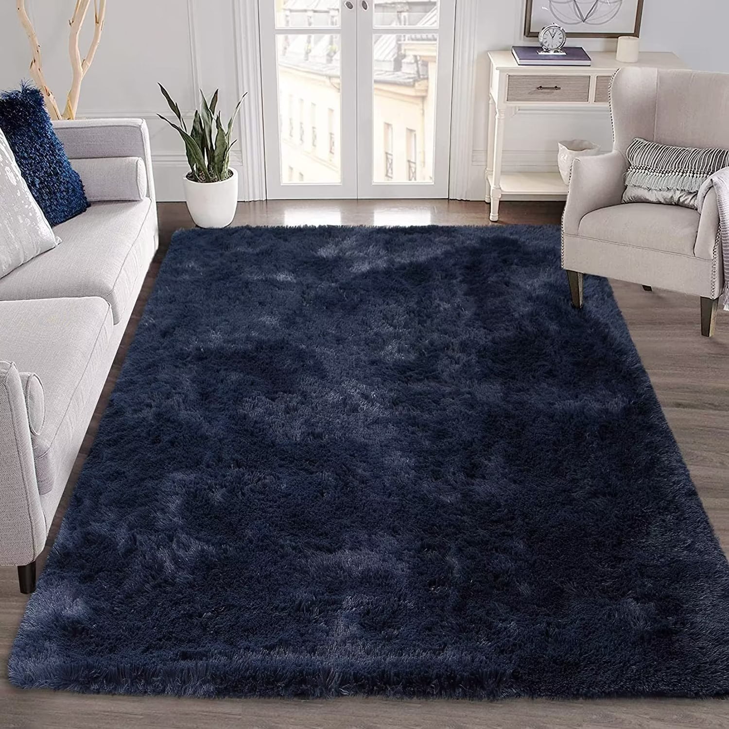 shag area rug furry shaggy 8x10 feet extra large fluffy shag rugs carpet  shag rug for living room bedroom home decor, dark navy blue