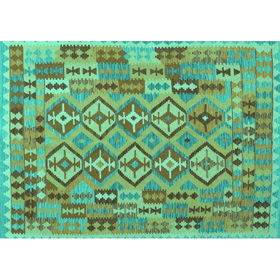 Ahgly Company Machine Washable Indoor Rectangle Southwestern Turquoise Blue Country Area Rugs, 2' x 5'