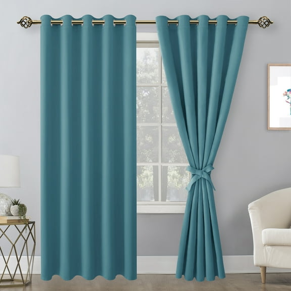 Hiasan Blackout Curtains for Bedroom, 60 x 84 Inches Long - Thermal Insulated & Light Blocking Window Curtains for Living Room, 2 Drape Panels Sewn with Tiebacks, Turquoise