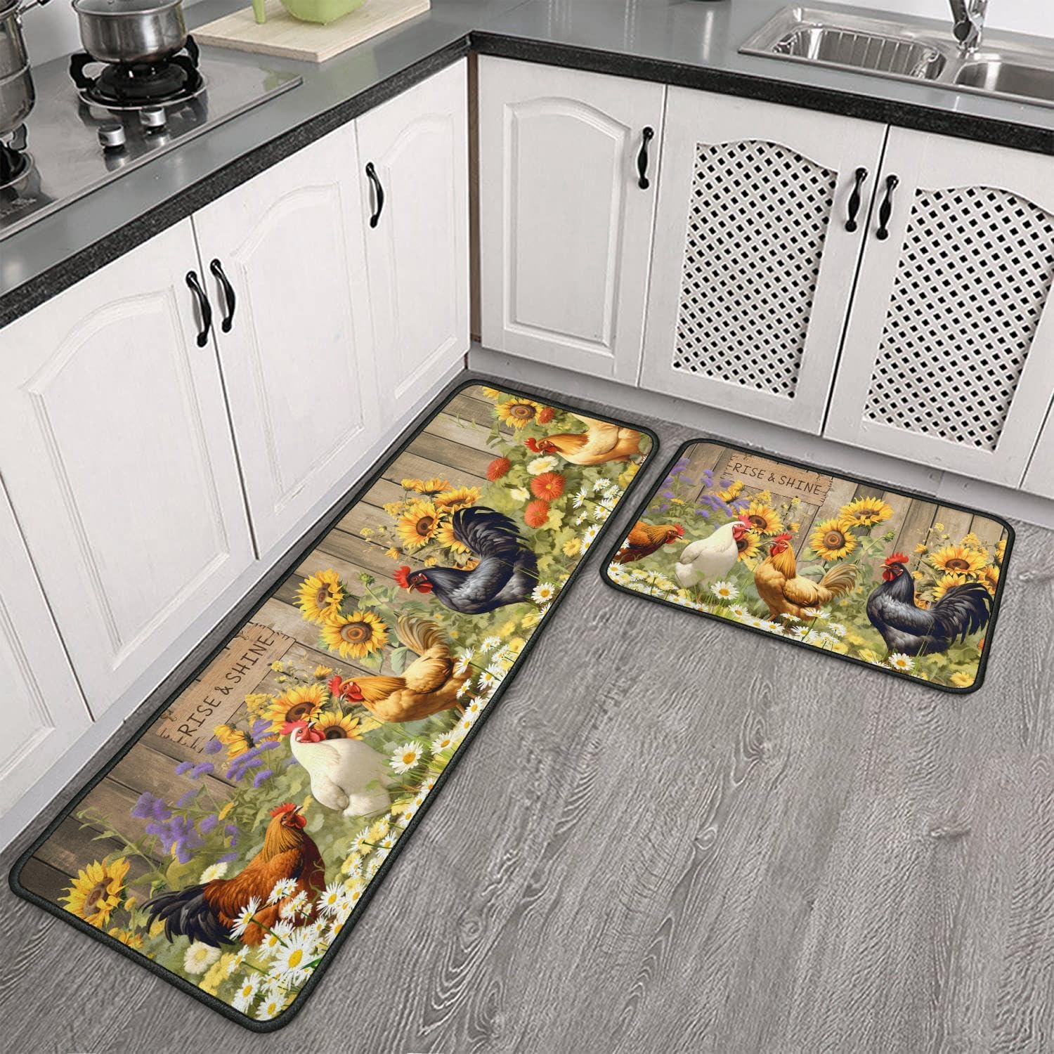 Rooster Theme Kitchen Rug 2 Piece Set, Farmhouse Sunflower Kitchen Decor Floor Mat, Absorbent and Non-Slip Washable Chicken Runner Rug 17"x47"+17"x30" (Rooster 6, 17"x47"+17"x30")