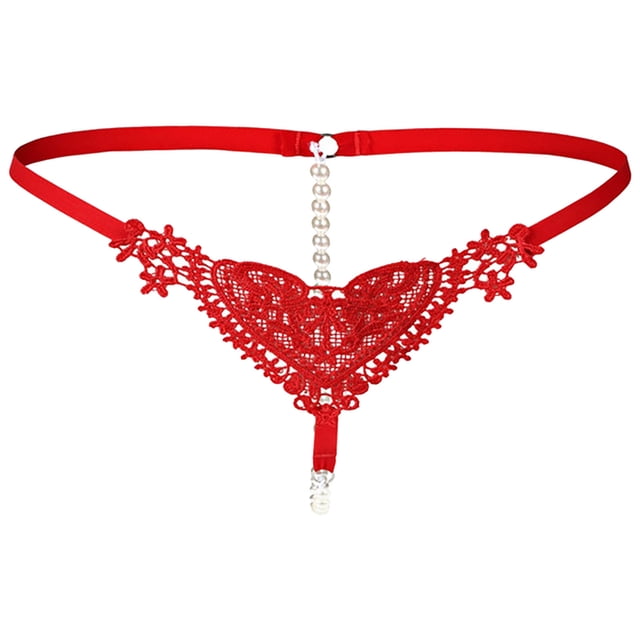 gibobby tangas de mujer sexy bragas de tanga con bordado de corazón de encaje de cintura transparente con cuentas sexy de color sólido para mujer(rojo,talla única) Tanga rojo de nylon, vista frontal con encaje bordado en forma de corazón en el panel frontal, cinturilla elástica delgada y fila de perlas decorativas que conecta la cintura con la tira inferior y cuenta colgante en la entrepierna. A menudo usado también como accesorio de lencería para sesiones fotográficas íntimas.