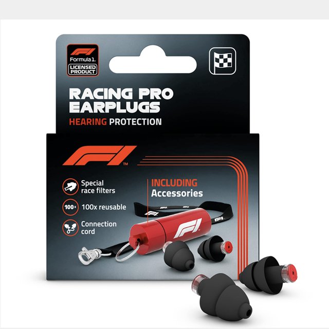 tapones para los oídos alpine formula 1, protección auditiva reutilizable, 22 db — Empaque frontal con logo F1 y texto 'Racing Pro Earplugs', estuche cilíndrico rojo con cordón negro, par de tapones negros con filtros rojos y diseño triple-flange visibles; ideal para pistas de carrera y entornos ruidosos, y a menudo usado para reducir ruido en conciertos o viajes.