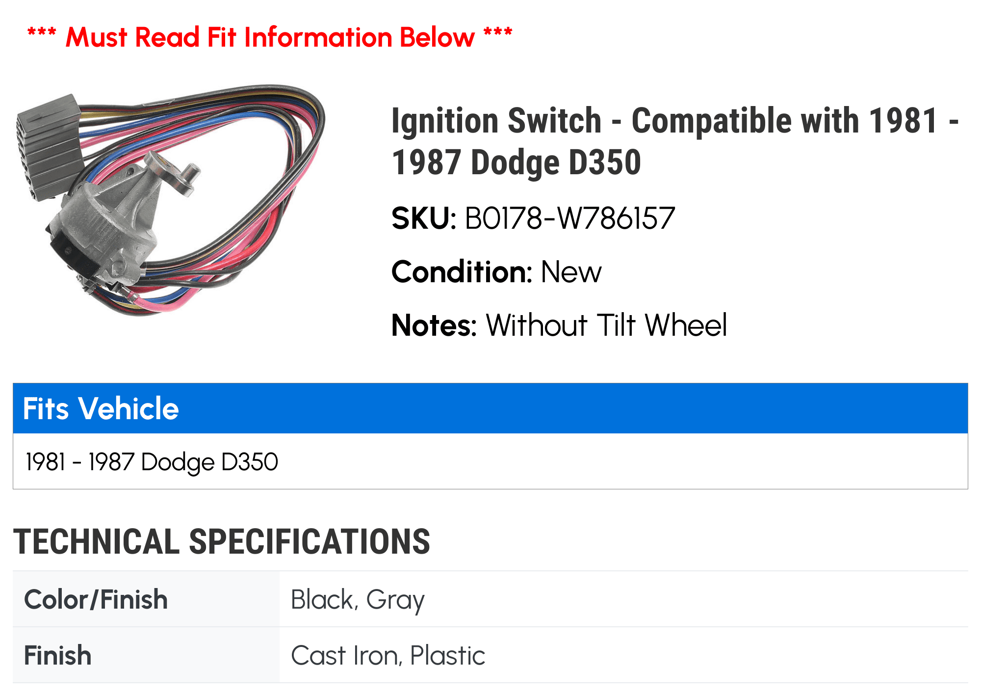 Ignition Switch - Compatible with 1981 - 1987 Dodge D350 1982 1983 1984 1985 1986