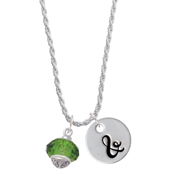 Delight Jewelry Green Faceted Glass Spinner Silvertone Script Initial Disc - & - Charm Necklace, 20"+3"