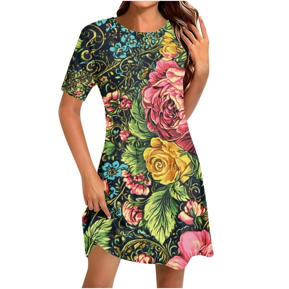 Ruimatai Women's Casual Short Sleeve Dress Round Neck Loose Fit Printed Summer T-Shirt Dress for Women Party Vacation Travel Beach