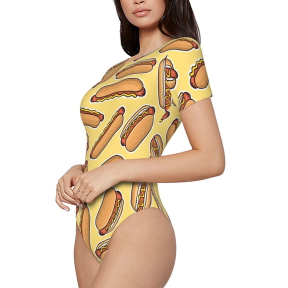 Rateoe Hot Dogs Printed Women Rash Guard Short Sleeve,Tummy control Swimsuit Surfing Swimsuit Bathing Suit Short-sleeved Onesie UPF 50
