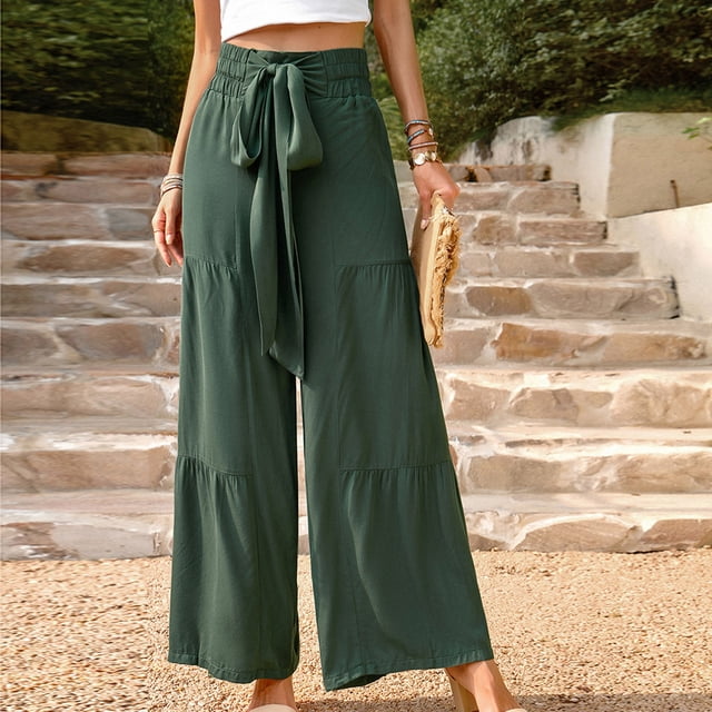 Snoarin Flowy Pants for Women Spring Solid Color Elastic Waist Linen Versatile Straight Tube Casual Wide Leg Pants Loose Pants for Women Summer on Clearance