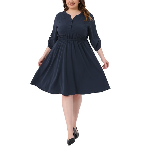 Vestidos de Día de la Madre para Mujeres de Talla Grande Agnes Orinda, con Botones, Cuello en V, Mangas Rizadas, Cintura Elástica, Vestido Midi Casual con Bolsillo 2X Azul Marino