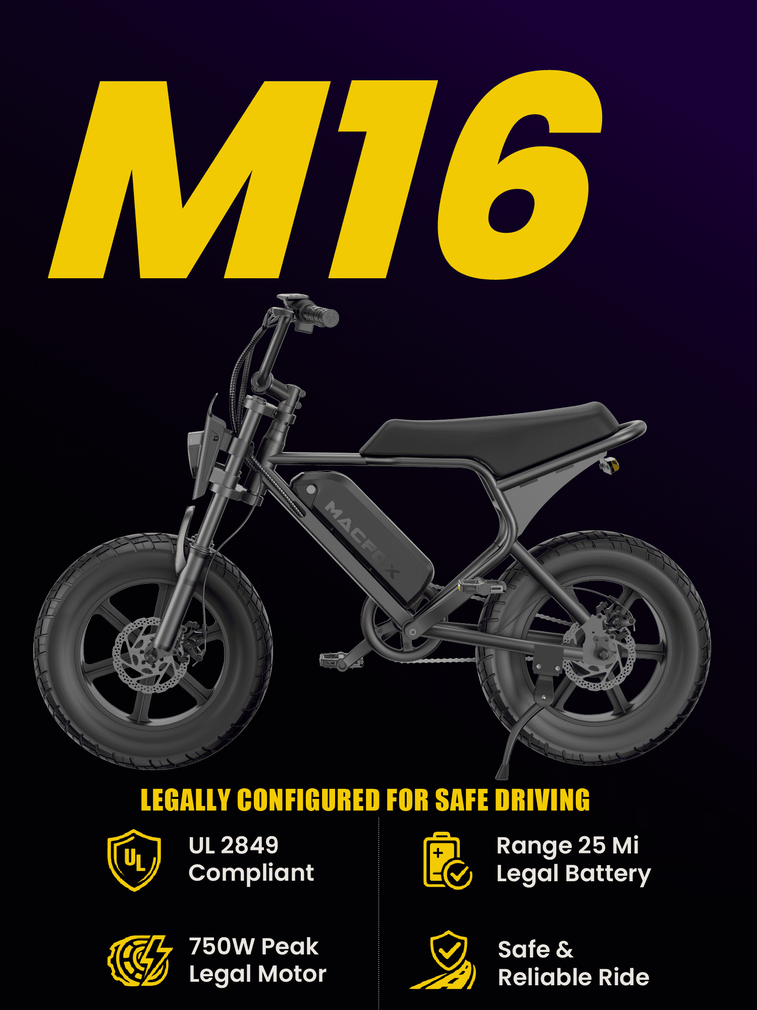 MACFOX M16 Teen Electric Bike, 500W Motor, 20 MPH Top Speed, 25-Mile Range, 16"x4.0" Fat Tires, Removable 48V/10.4Ah Battery, Fits Riders 4'2" to 5'0"