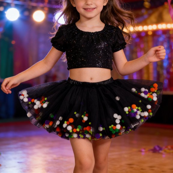Girls Tutu Skirt With Colorful Pom Poms Mesh Layered Party Dance Performance Ballet Skirt For Carnival Festive Celebration