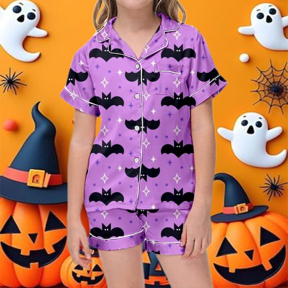 Outfit Sets for Girls Halloween Cute Stylish Print Silky Short Sleeve Shirt Shorts Loungewear 2 Piece Outfits Size 2-3Y