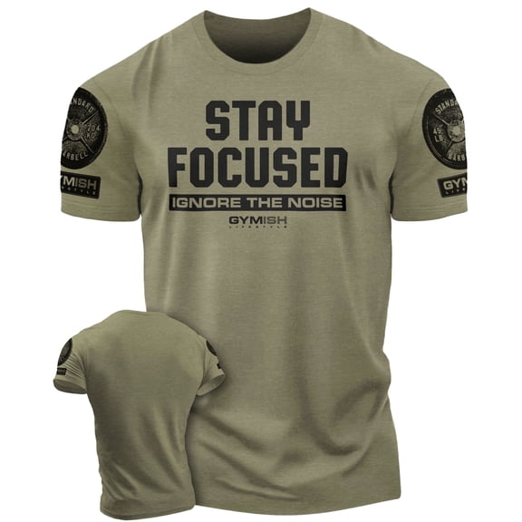 Gymish Stay Focused Workout T-Shirt for Men – Funny Gym Shirt, Men's Athletic Tee, Motivational Fitness Shirt, Military Green with Sleeve Logo, Small