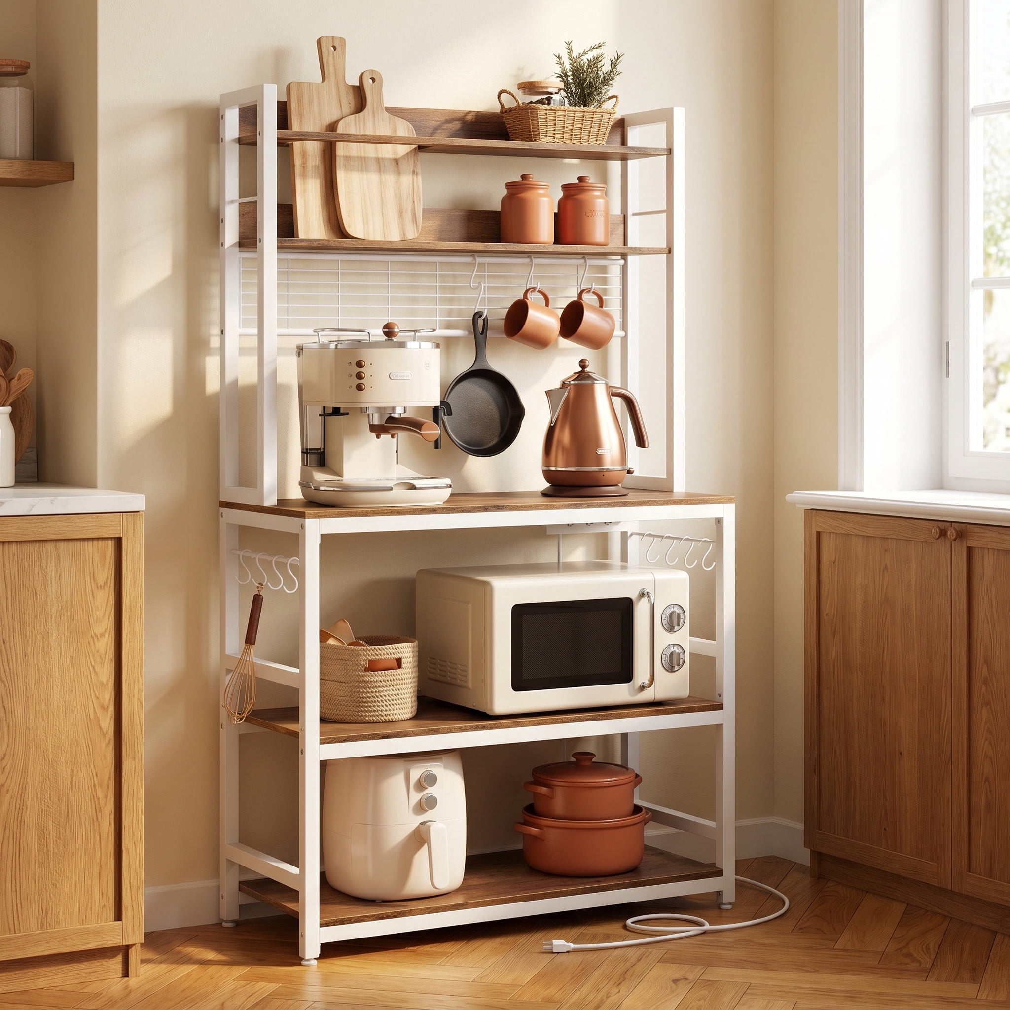 Nordic Hygge 66.9 in. Tall Bakers Rack with Power Outlet, Rustic Walnut & Cloud White